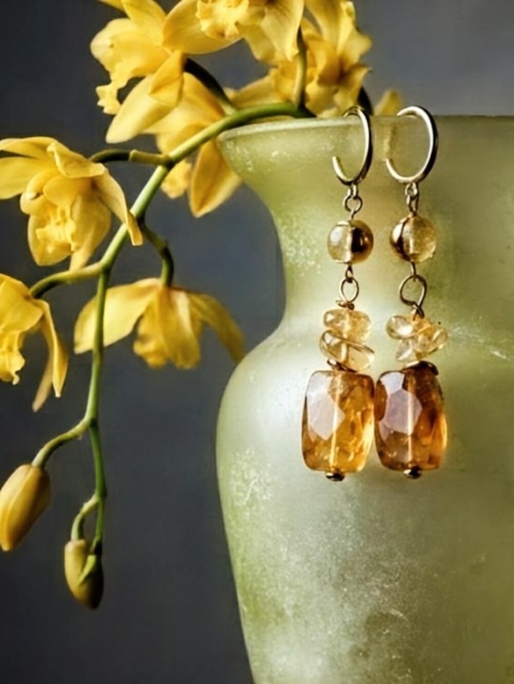 Large Natural Citrine Chunky Nuggets In Long 18K Gold Plated Earrings